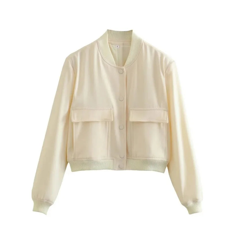 MUJER 2025 Woman Bomber Jacket White Autumn Winter Button Cropped Jackets for Women Fashion Long Sleeve Women Coats Outerwears